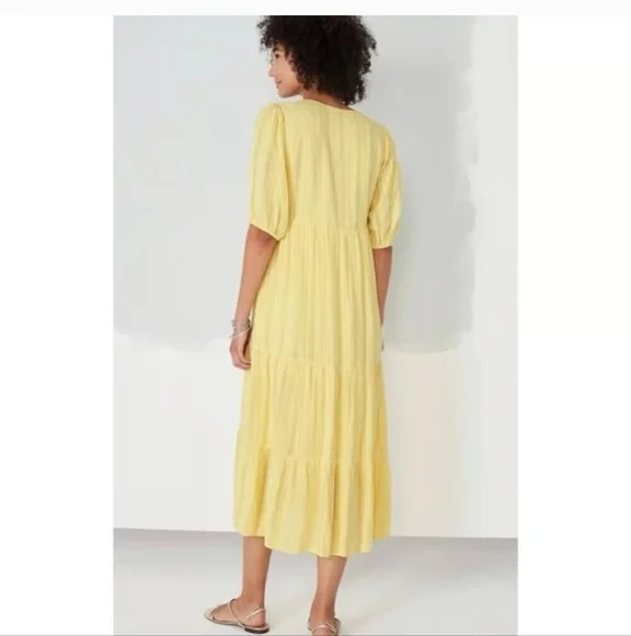 J. Jill Women's Large Yellow Pineapple Jacquard Tiered V Neck Cotton Rayon Dress - Picture 2 of 5